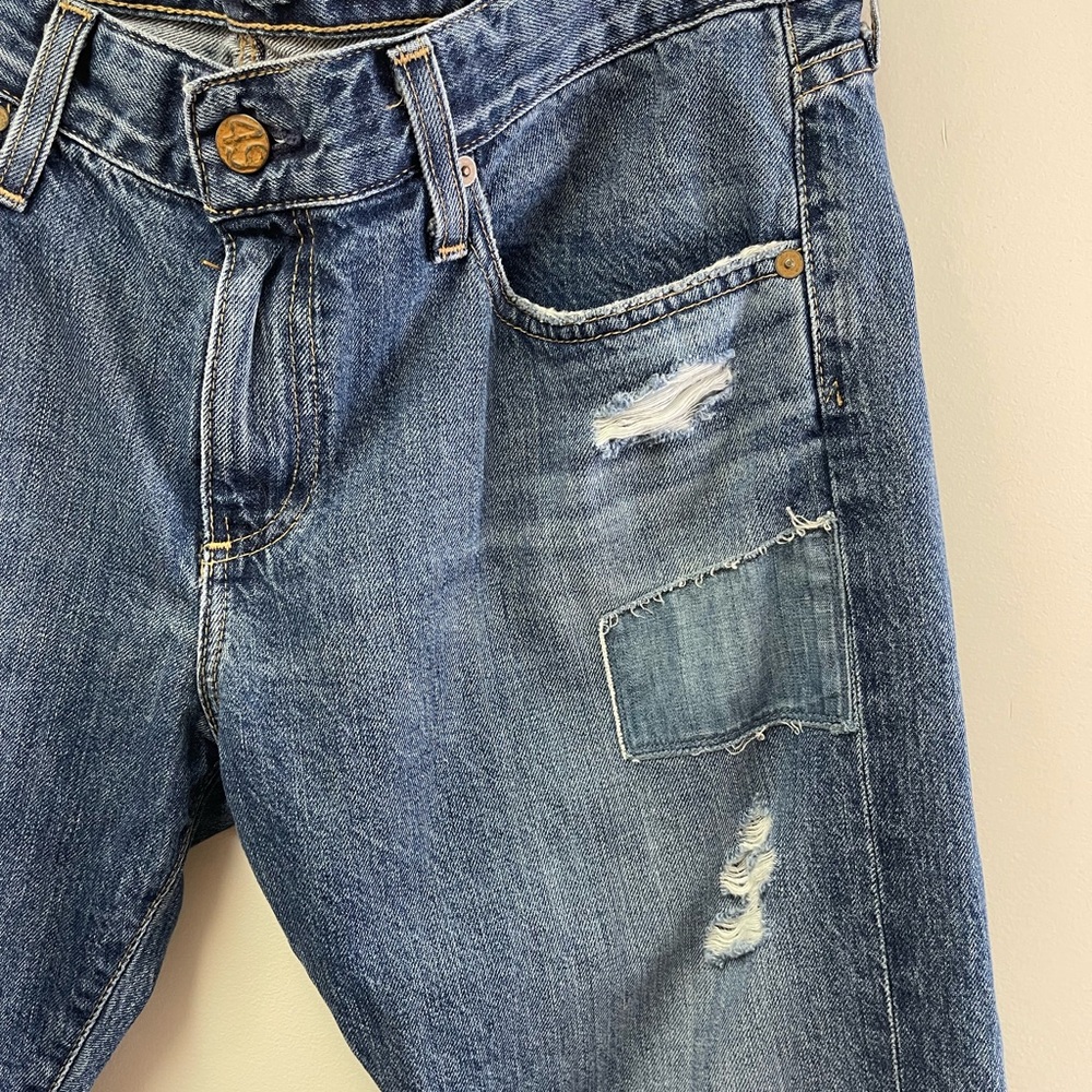 Ag Adriano Goldschmied Blue Distressed Cropped Jeans with Patch